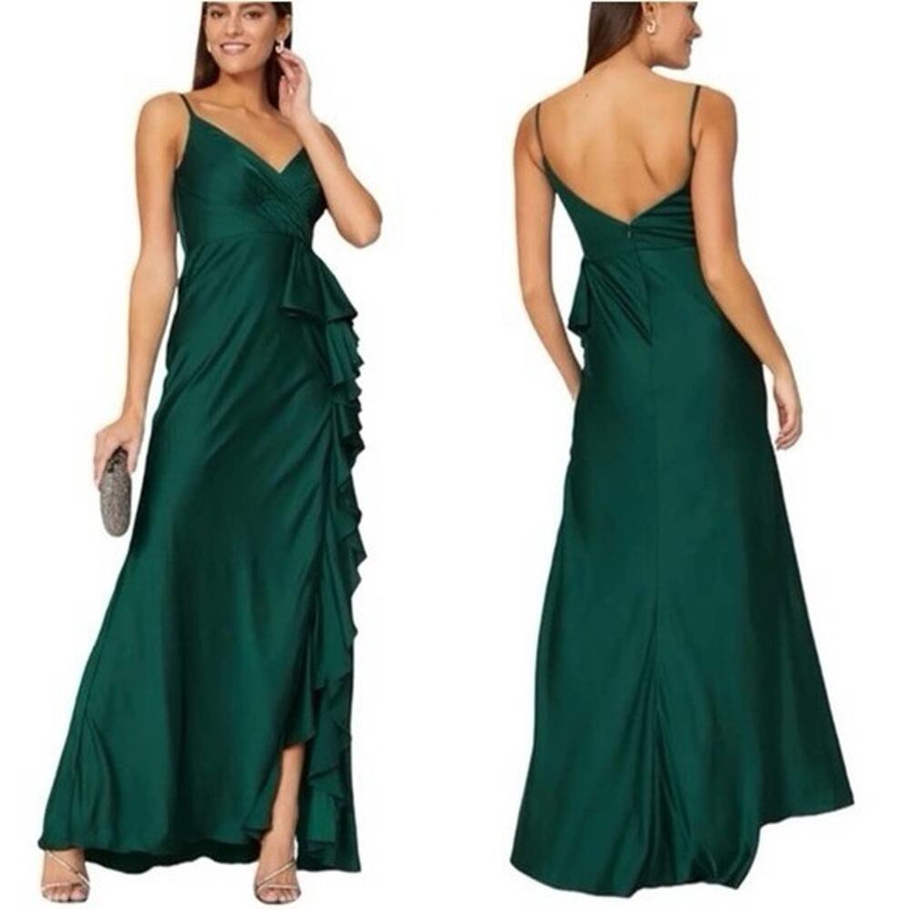 Mac Duggal Green Satin Assymetric Ruffle Leg Slit Dress 4 NWT